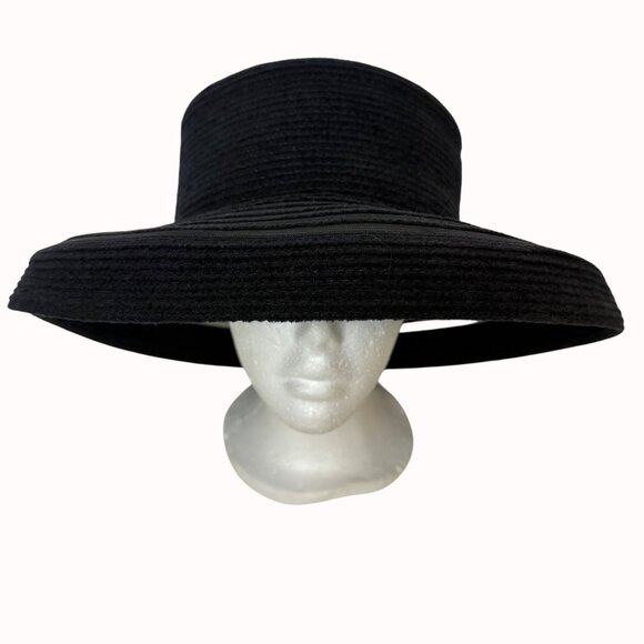 Black Wide Brim Sun Hat Sheer Stripe Beach Elegant Summer Floppy Resort Chic - Picture 7 of 16